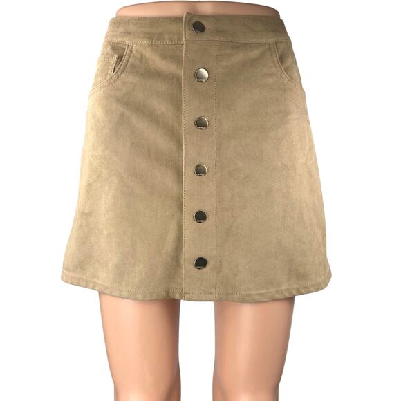 Express Jeans Women's Tan Khaki Suede Button Down A Line Mini Skirt Size 0 - Picture 1 of 5